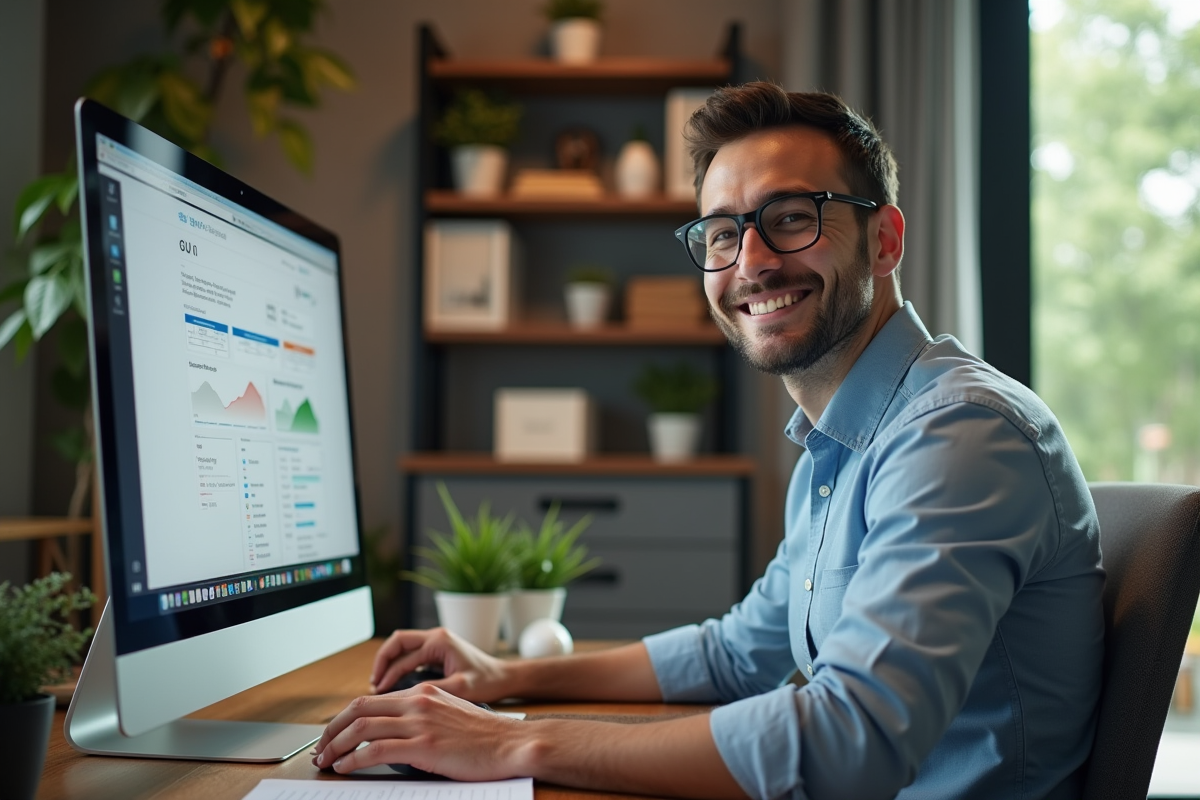 Homme concentré travaillant sur un ordinateur dans un bureau moderne