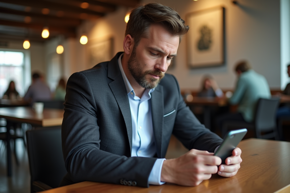 Homme d affaires consulte tarifs de traduction sur smartphone