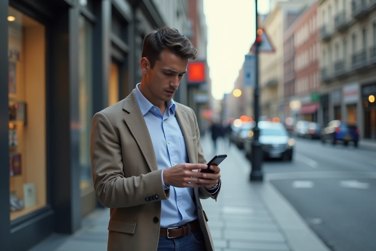 Jeune homme professionnel vérifie un appel dans la rue