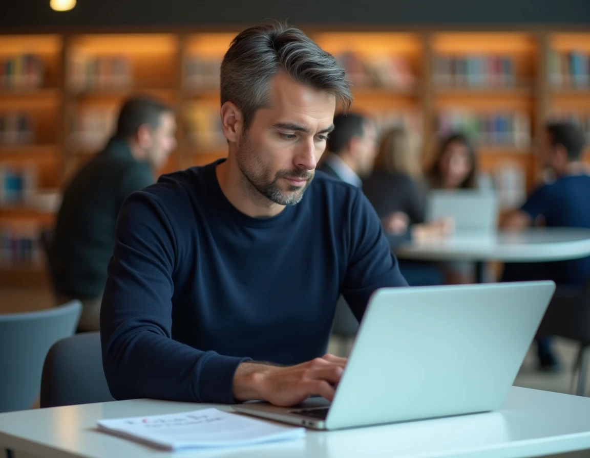 Homme consultant un tableau de conjugaison dans une bibliothèque moderne tout en tapant sur un ordinateur portable