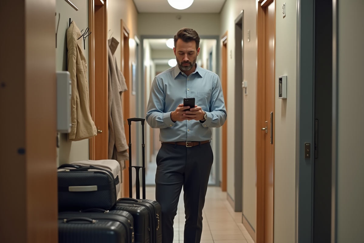 Homme vérifiant un contrat de location dans un couloir urbain