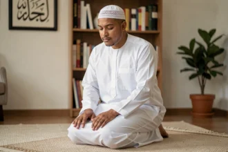 Homme converti à l'islam en train de prier sur un tapis de prière dans un appartement calme, illustrant la prière du witr