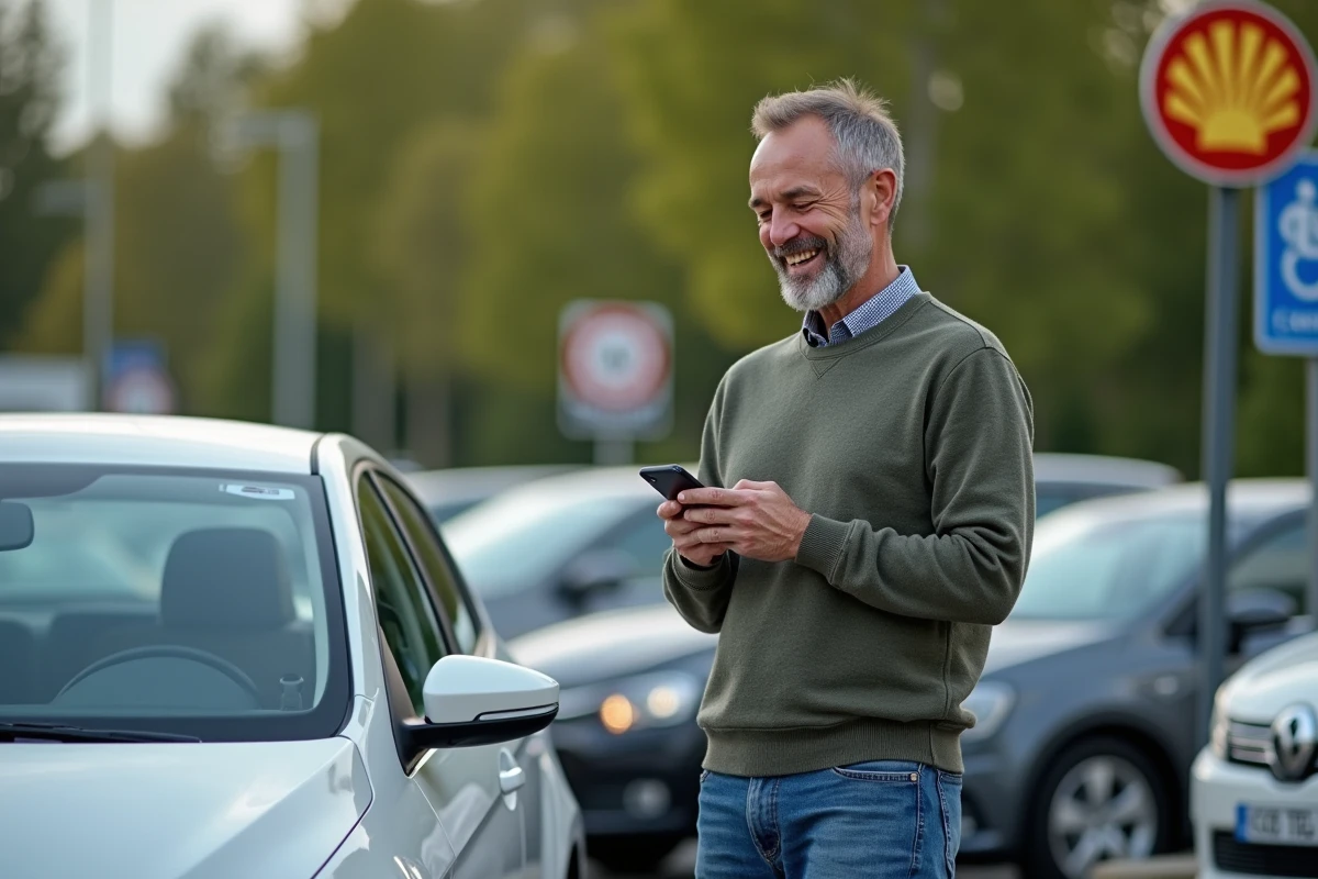 Homme détendu vérifiant son smartphone au rest stop