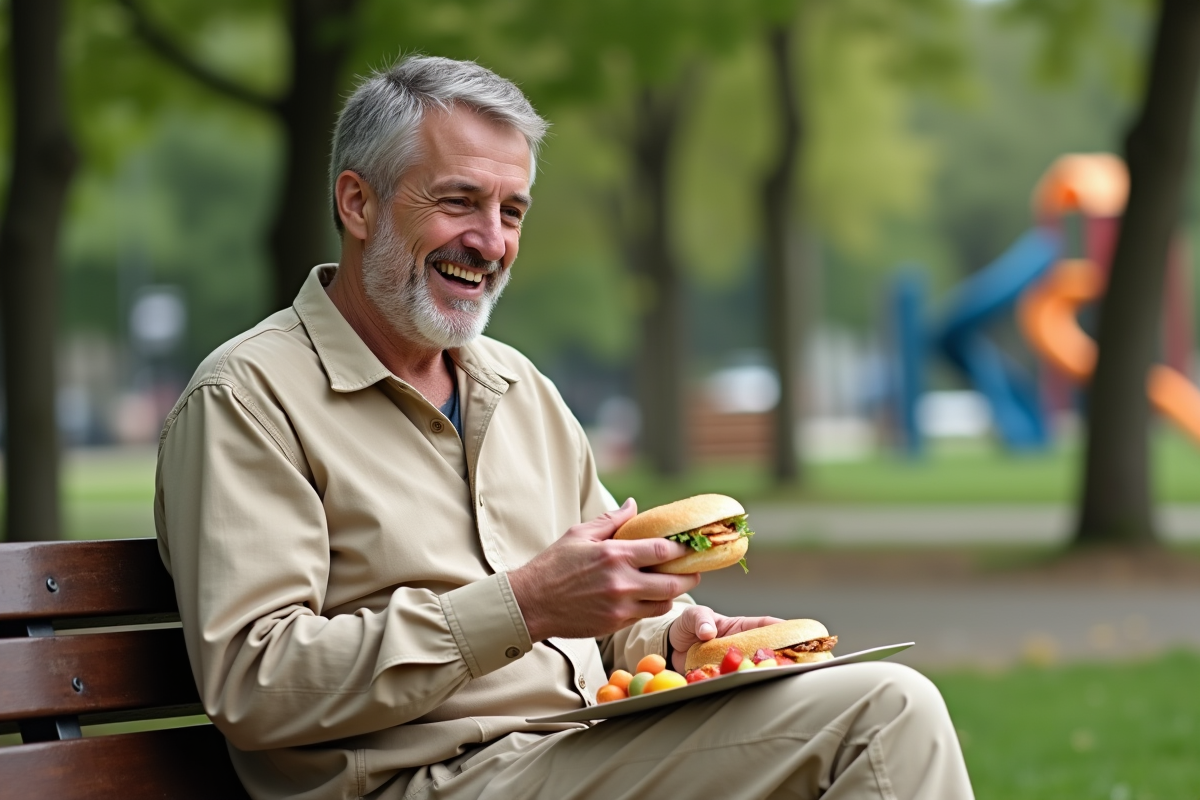 Homme dégustant un sandwich dans un parc en plein air