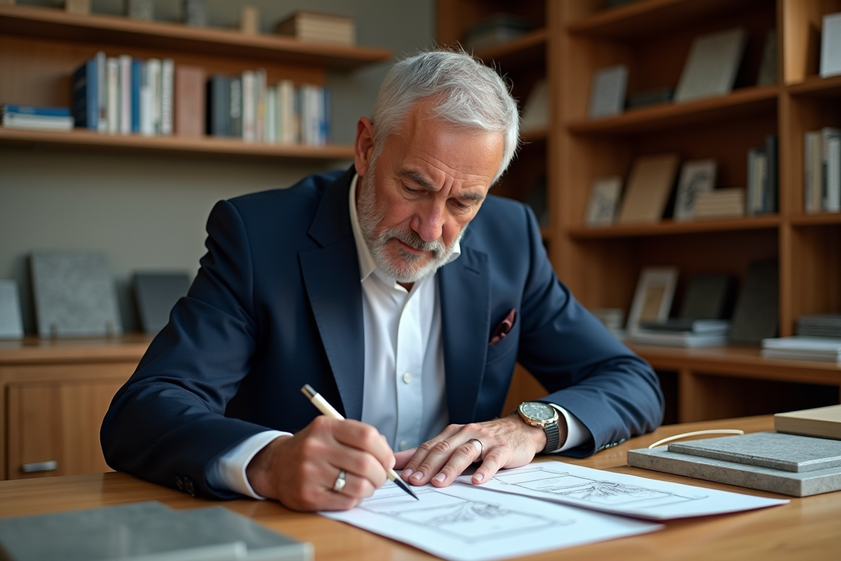 Homme en costume esquissant un design de plaque funéraire