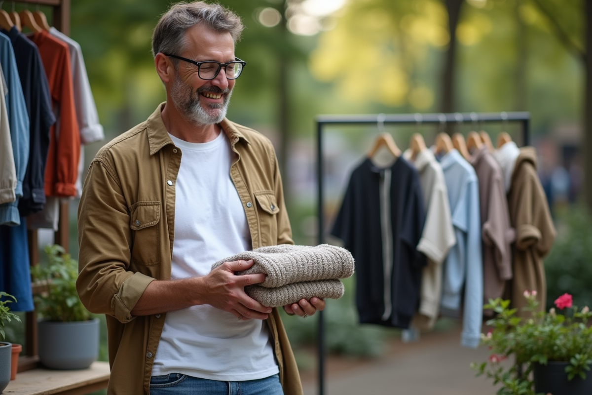 Homme en jeans recyclés échangeant un vêtement urbain