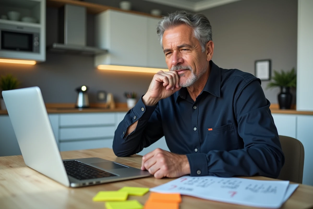 Homme évaluant des voyants en ligne sur son ordinateur portable, prise de notes avec une expression pensive et concentrée
