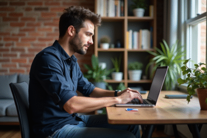 Homme français au bureau à domicile avec drapeau tricolore