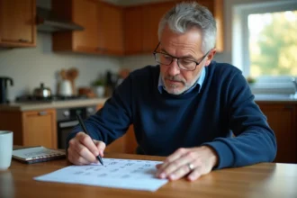 Homme remplissant une grille de loto à la table de cuisine avec un stylo, entouré d'un bloc-notes et d'un budget de mise calculé