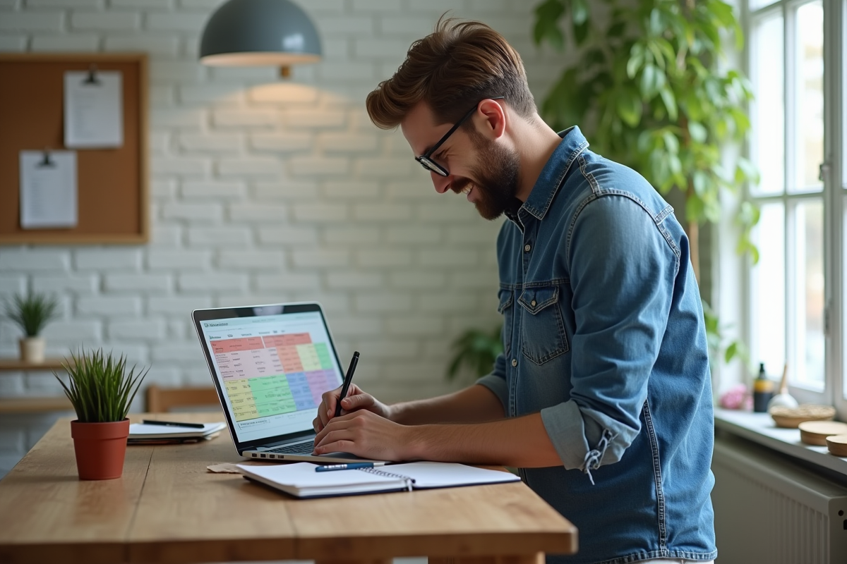 Jeune homme analysant un tableau de gestion du temps