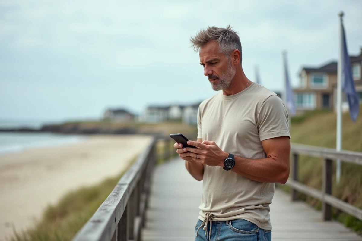 Homme vérifiant les horaires des marées sur smartphone avant de descendre à la plage à Saint-Hilaire-de-Riez