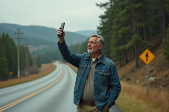 Homme d'âge moyen dans la nature avec téléphone en main