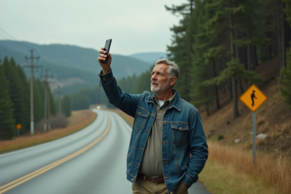 Homme d'âge moyen dans la nature avec téléphone en main
