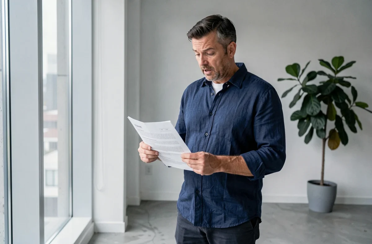 Homme lisant un test de personnalité imprimé près d'une fenêtre dans un appartement moderne et minimaliste