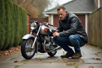 Homme en veste moto et jeans ajuste un Dax vintage