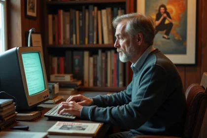 Homme d'âge moyen utilisant un vieil ordinateur dans un bureau nostalgique