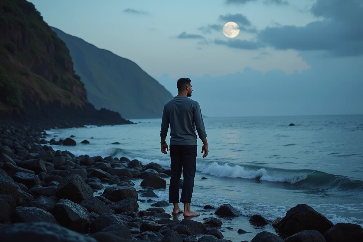 Homme debout pieds nus sur des rochers au bord de la mer sous une pleine lune, posture de connexion avec la nature et l'énergie lunaire