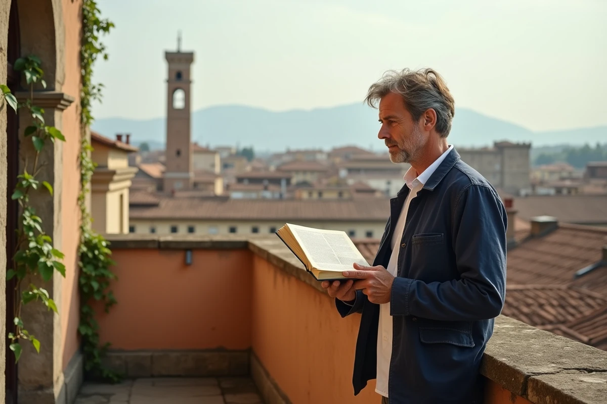 Homme lisant un recueil de poésie italienne sur une terrasse avec vue sur les toits de Florence et un clocher