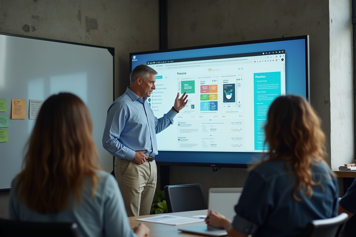 Homme expliquant interface sur grand ecran en réunion