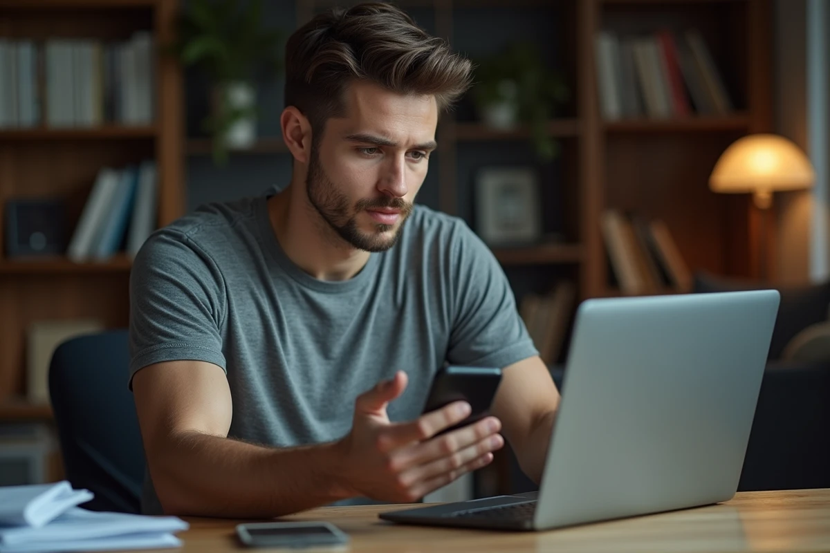 Jeune homme recherchant un numéro de téléphone inconnu 0424 sur son ordinateur portable pour identifier un appel de démarchage