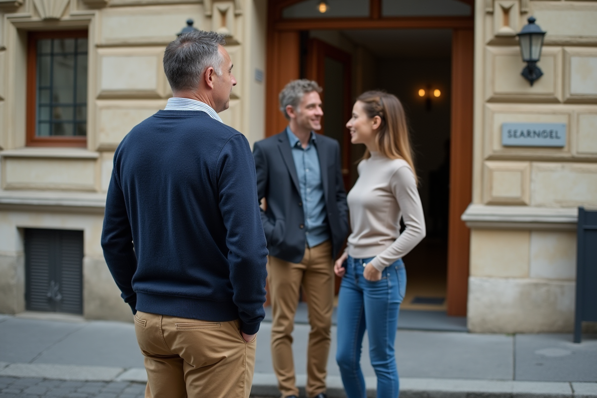 Homme français discute avec un couple devant un immeuble rénové