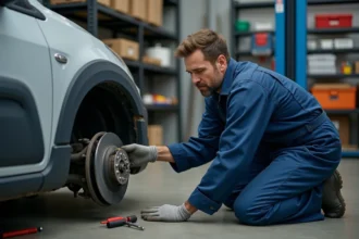 Homme en overalls bleus changeant un frein de voiture