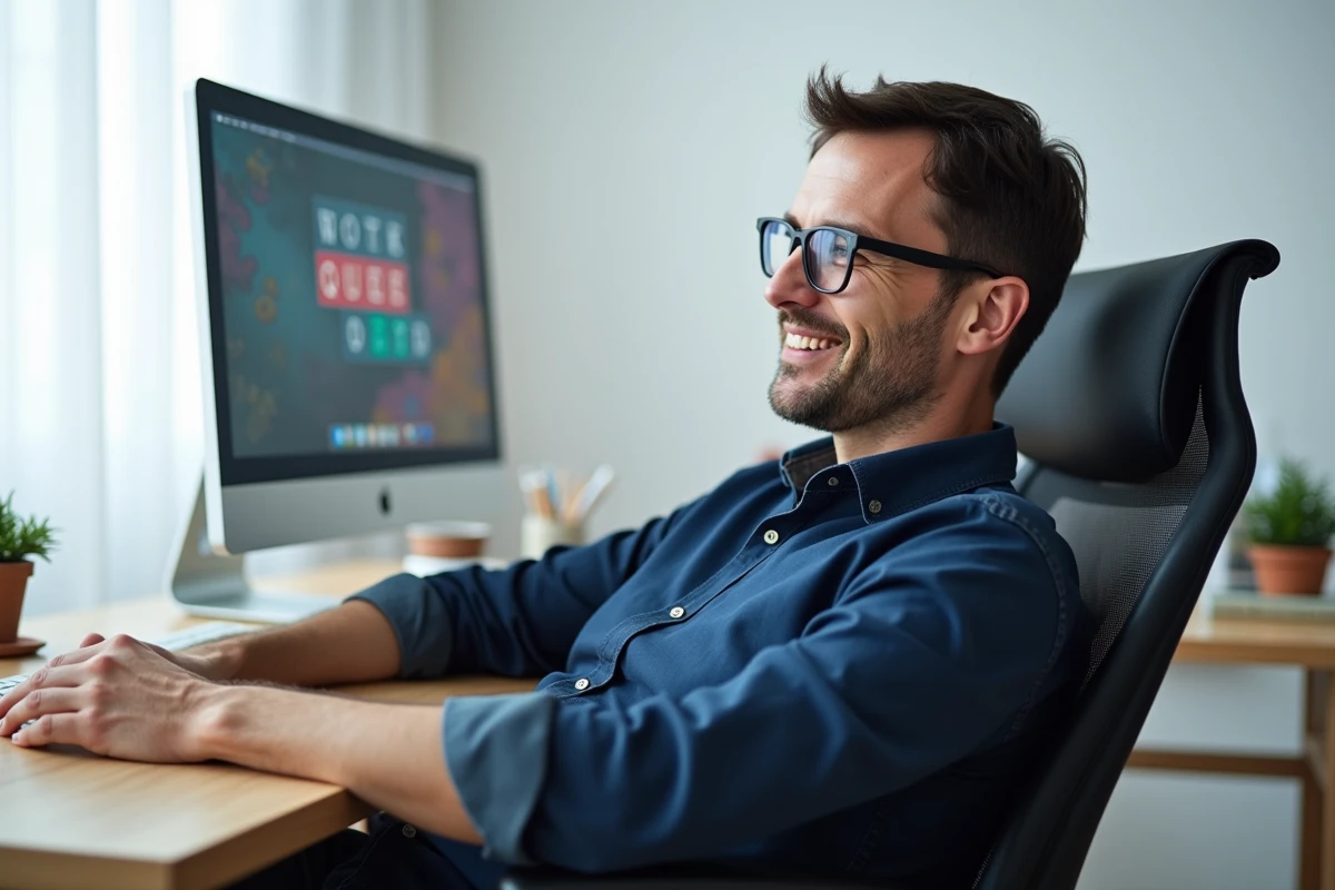 Homme souriant satisfait devant son ordinateur de bureau jouant à un jeu de mots dans un bureau minimaliste moderne