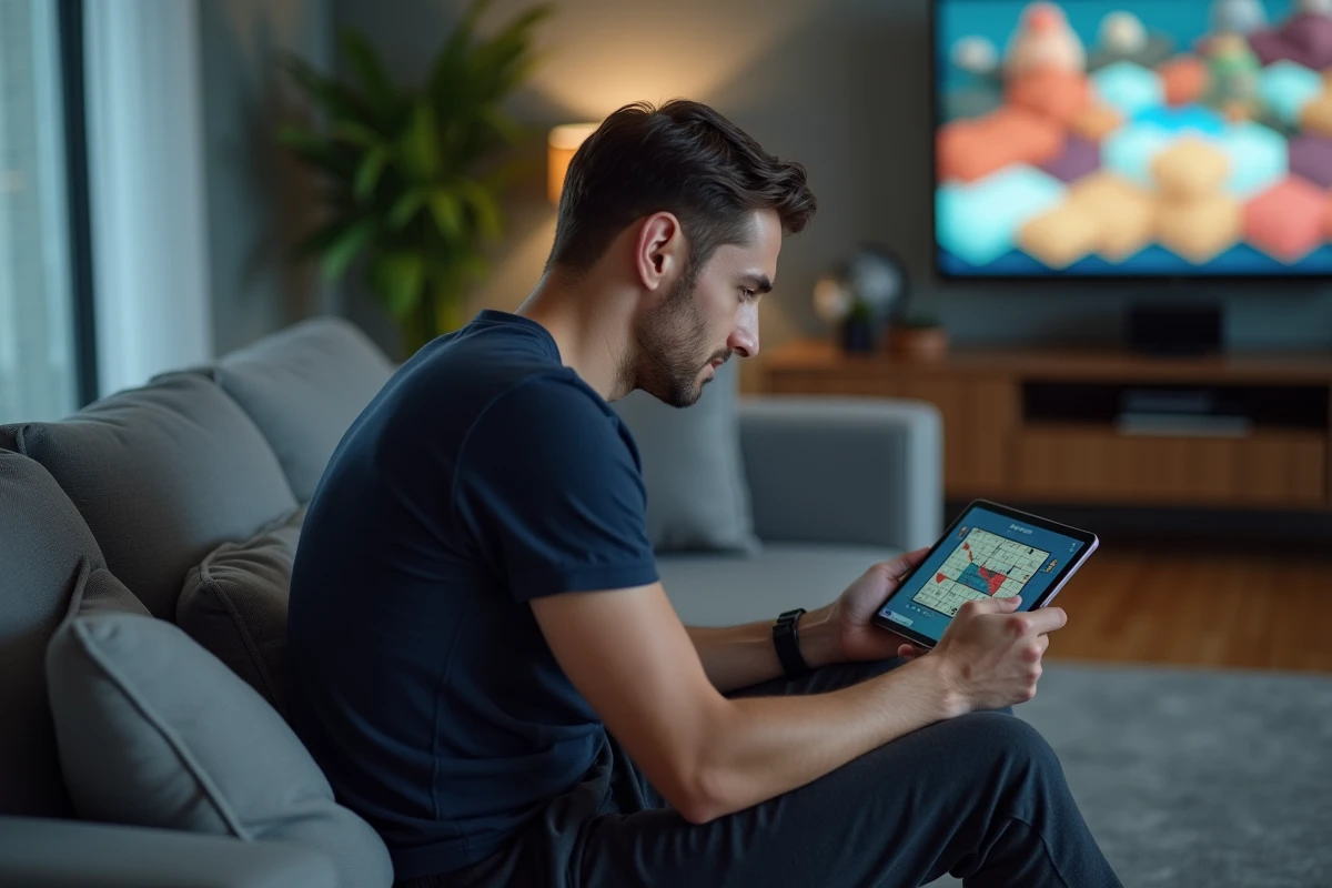 Homme concentré sur une tablette affichant un jeu de plateau mobile type Monopoly Go avec des récompenses de dés