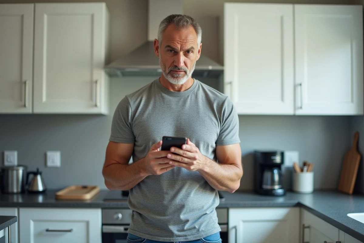 Homme consultant un site internet douteux sur smartphone dans une cuisine moderne