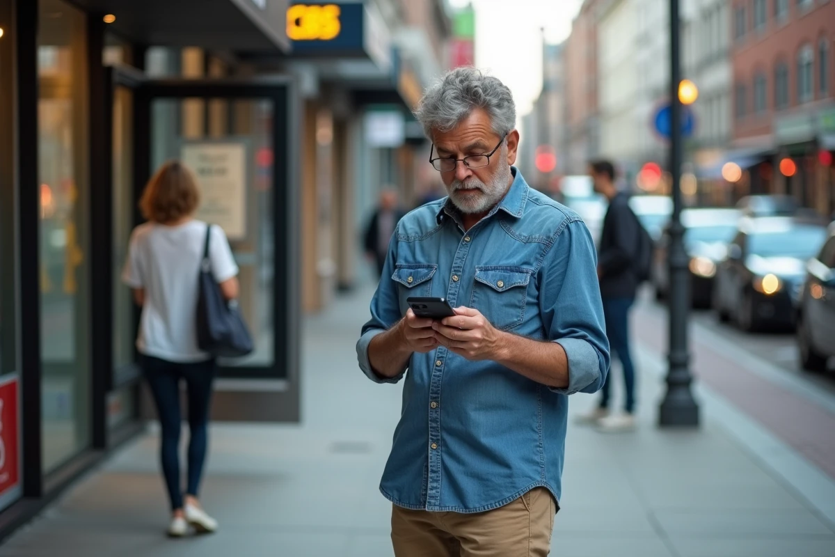 Homme en ville regardant son téléphone avec curiosite