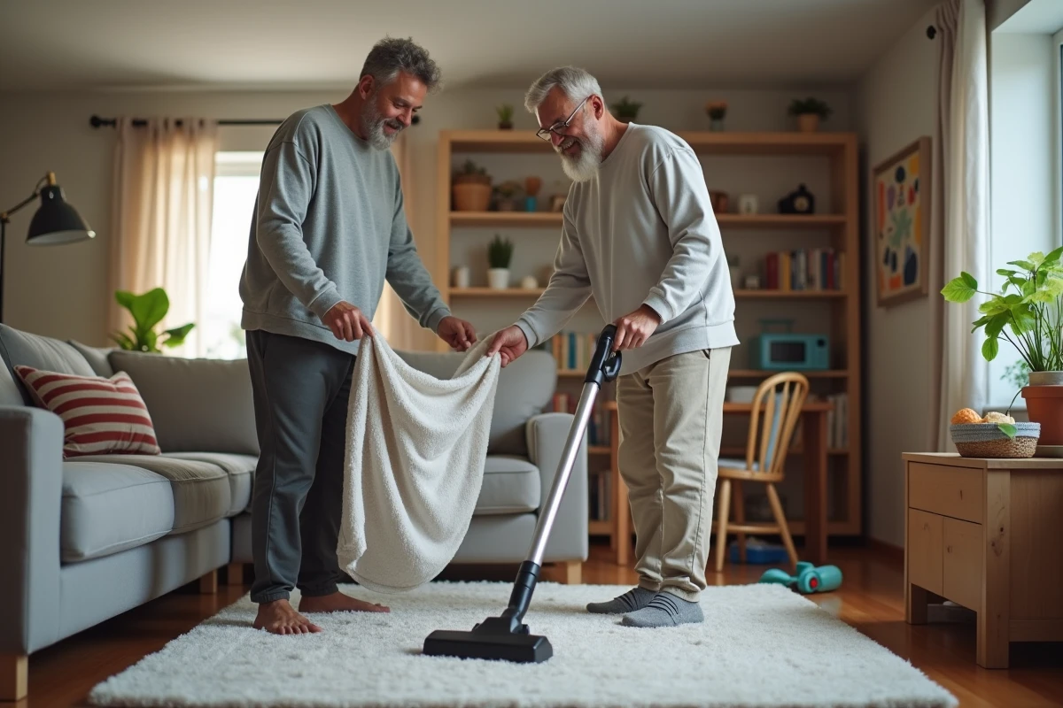 Deux hommes faisant le ménage dans le salon familial