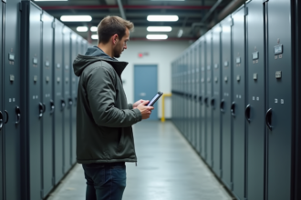 Jeune homme ingénieur examinant une batterie industrielle moderne