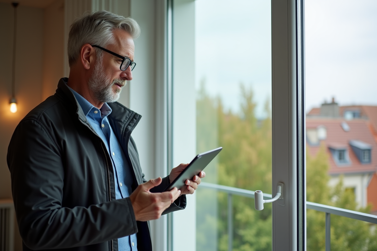 Ingénieur inspectant une fenêtre isolée dans un appartement moderne