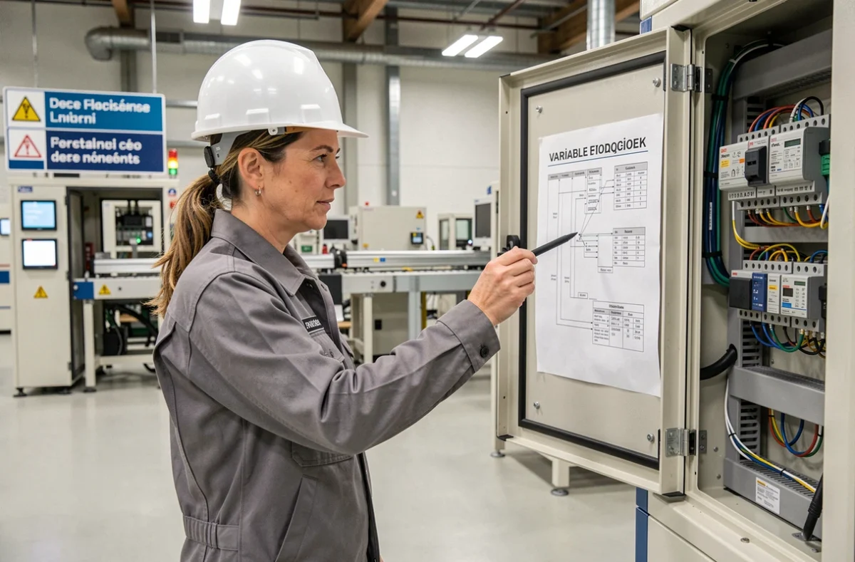 Ingénieure en automatisme consultant un schéma de câblage sur un variateur de fréquence pour moteur électrique industriel