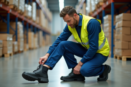 Ouvrier inspectant la semelle de sa chaussure de sécurité