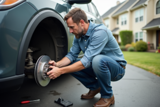 Homme inspectant les freins de sa voiture en extérieur