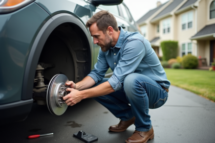 Homme inspectant les freins de sa voiture en extérieur