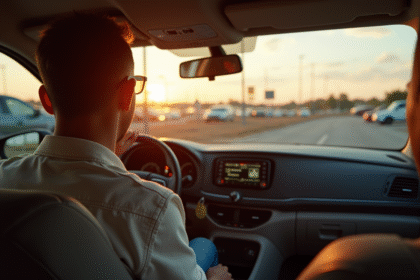 Personne inspectant l'intérieur d'un minivan d'occasion en extérieur