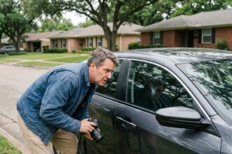 Homme inspectant une voiture dans un quartier résidentiel