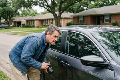 Homme inspectant une voiture dans un quartier résidentiel