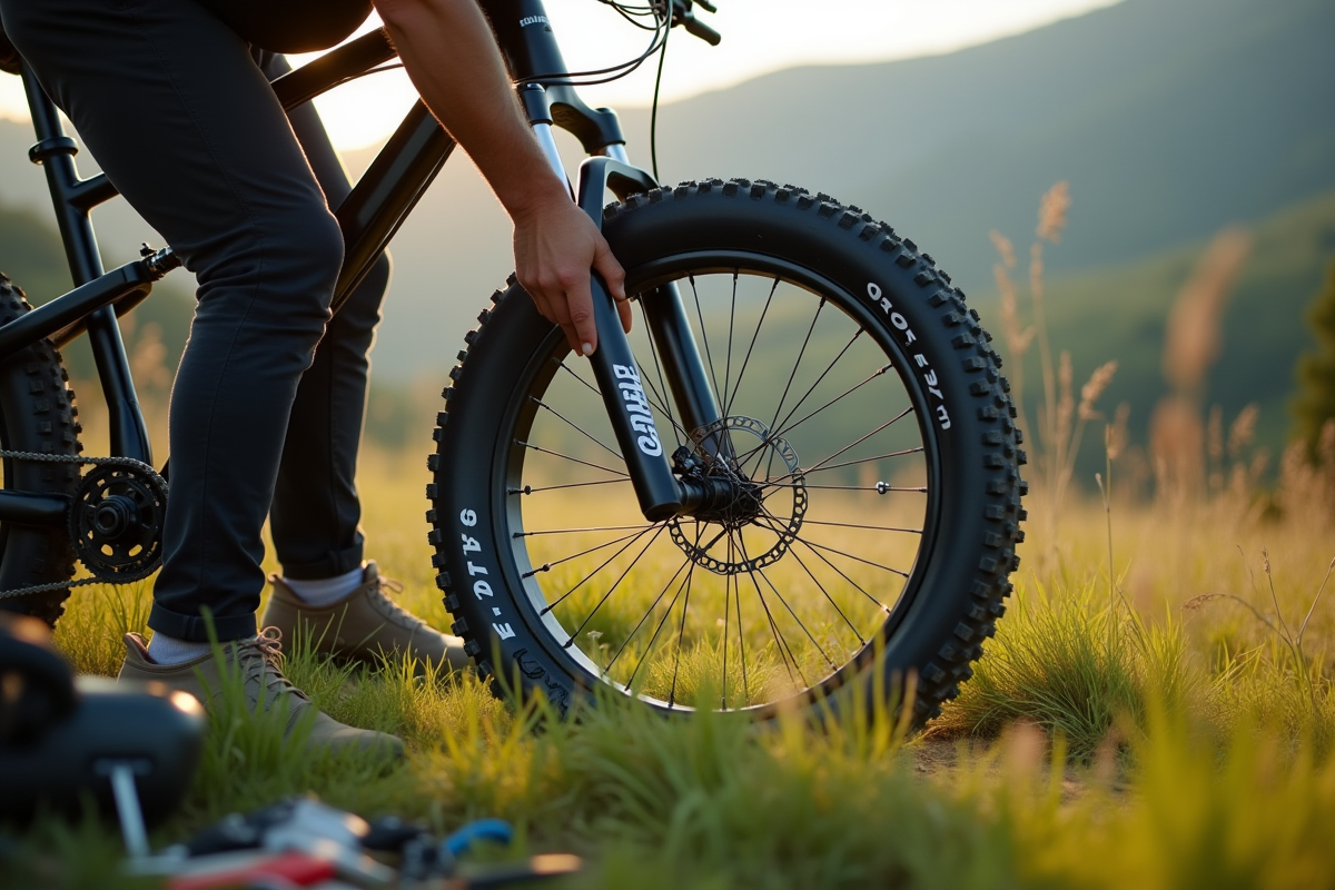Main installant une chambre à air de 26 pouces dans une roue de VTT avec outils
