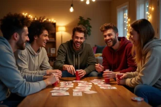 Groupe de jeunes adultes jouant au jeu du cercle autour d'une table basse avec des cartes disposées en cercle lors d'une soirée entre amis