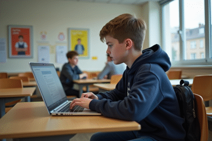 Adolescent concentré sur son ordinateur dans une classe