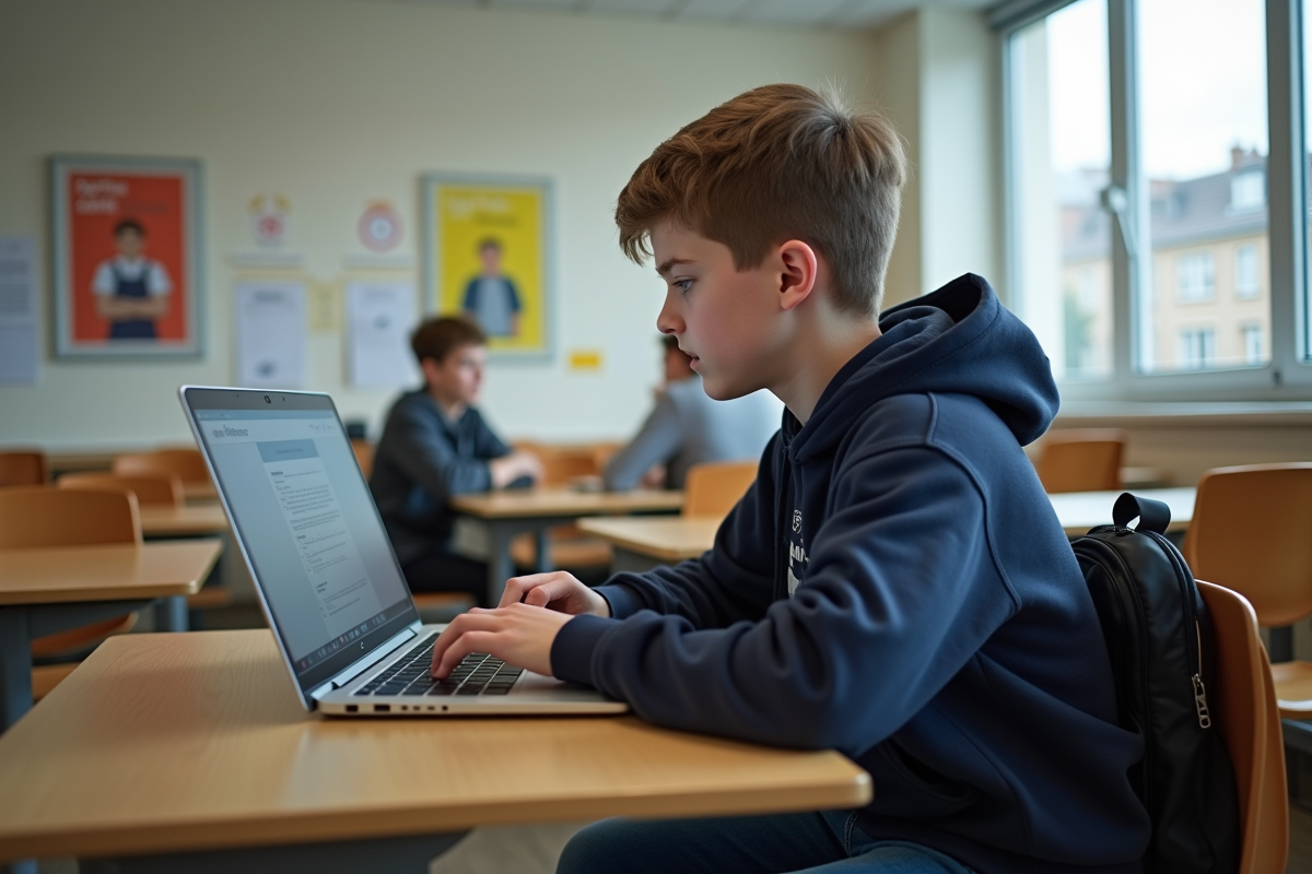 Adolescent concentré sur son ordinateur dans une classe