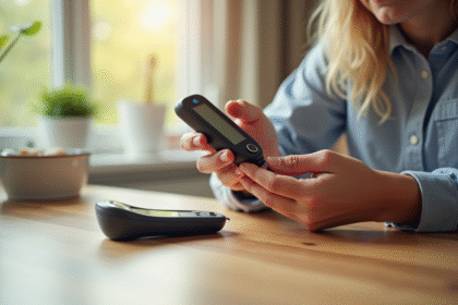 Jeune adulte vérifiant son taux de sucre au glucometre