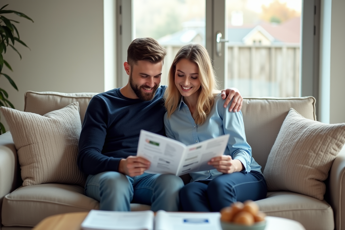Jeune couple examinant un brochure de prêt immobilier dans un salon lumineux