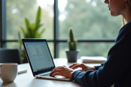Jeune étudiant universitaire travaillant sur un ordinateur portable dans un bureau moderne