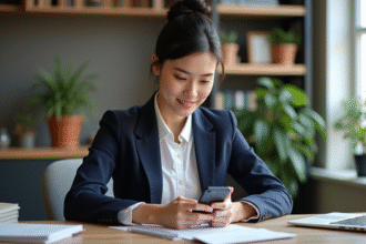 Jeune femme professionnelle utilisant son smartphone dans un bureau moderne
