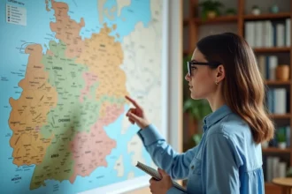 Jeune femme regardant une carte de l'Allemagne dans un bureau