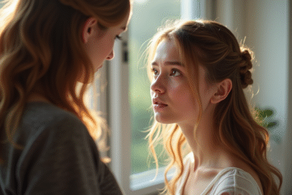 Jeune femme regardant son reflet en coiffure compliquée